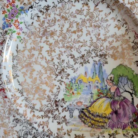 Vintage Crinoline Lady Gold Chinz Scalloped Edge Square Plate England - Picture 4 of 12